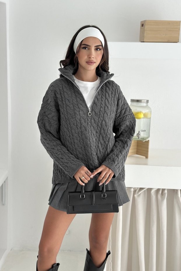 Oversize Hair Braided Half Zipper Knitwear Sweater Aw25Kz0052