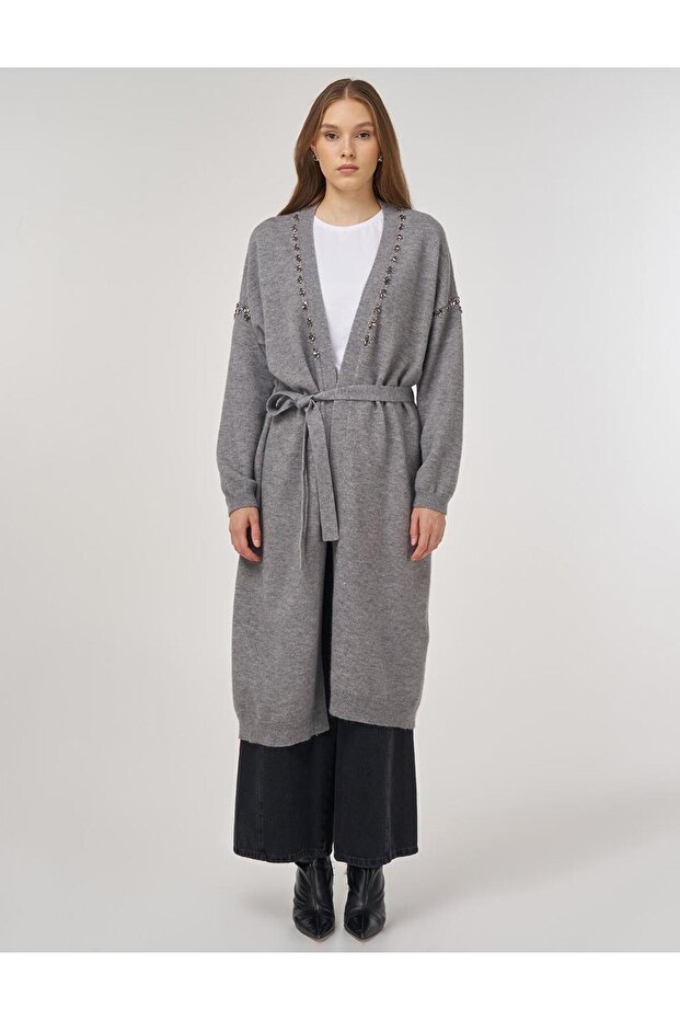 İşlemeli Triko Hırka Gri - 3