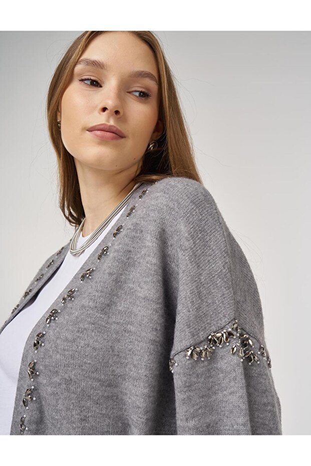 İşlemeli Triko Hırka Gri - 7