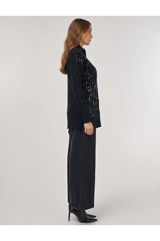 Payet İşlemeli Viskon Triko Tunik Siyah - 4