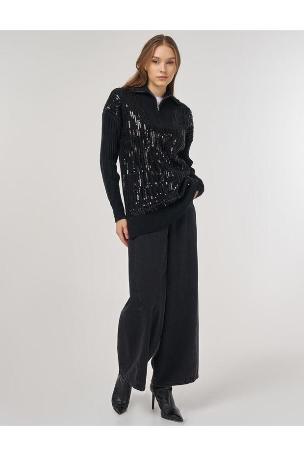 Payet İşlemeli Viskon Triko Tunik Siyah - 2