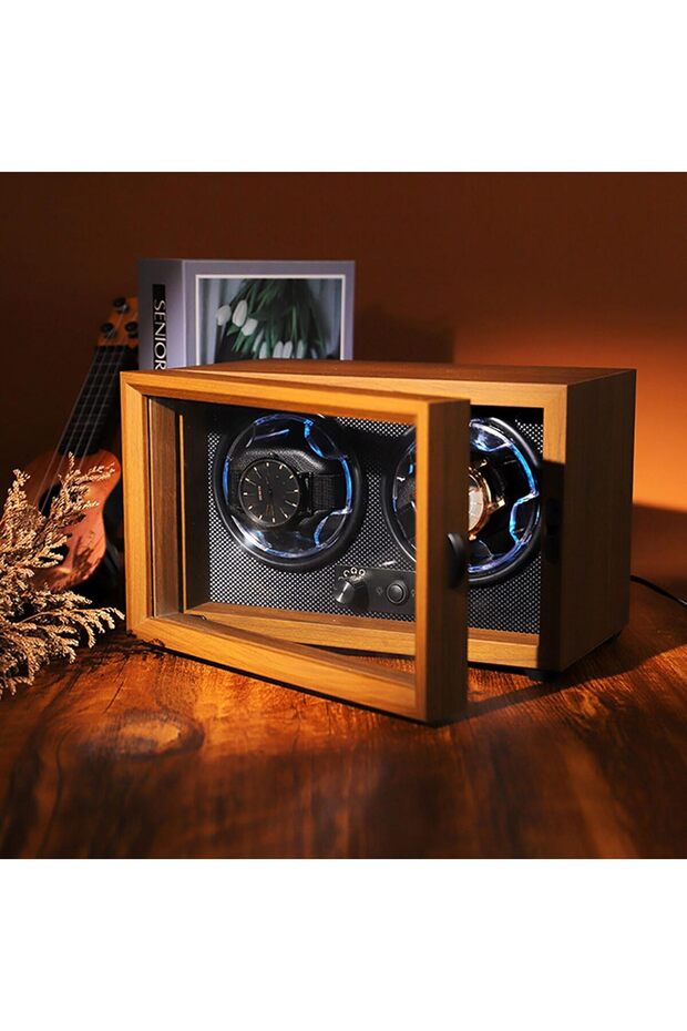 Double Watch Winder Retro Self-Winding Mechanical Watch Box For 2 Mechanical Watches, 5 Rotating Mod - 3