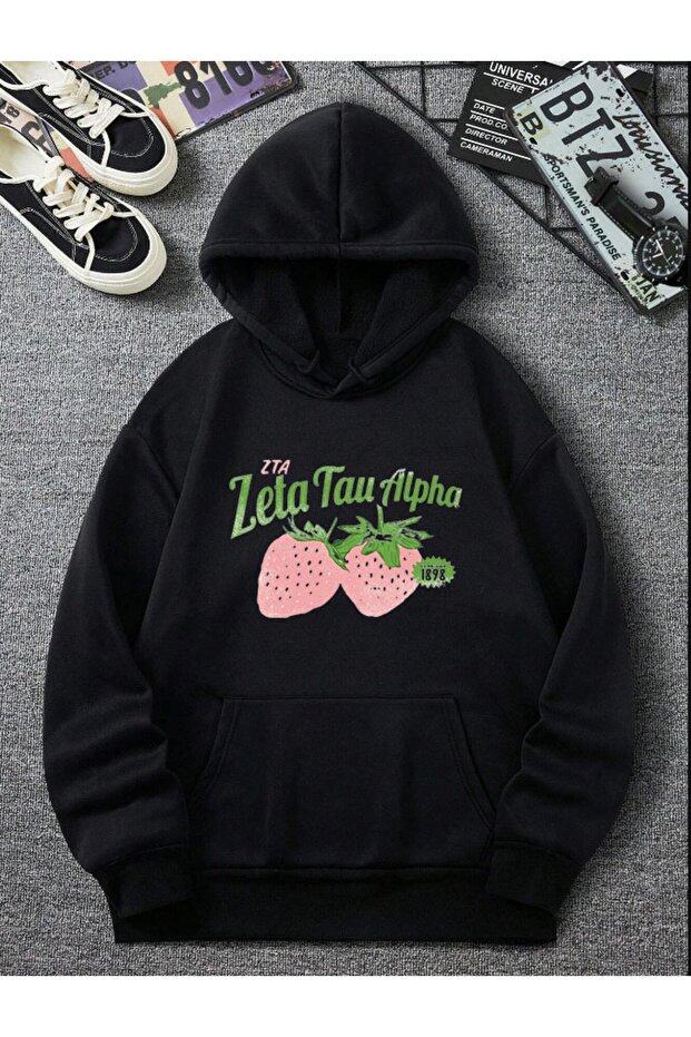 Black Oversize Hooded Sweatshirt with Strawberry Front Print