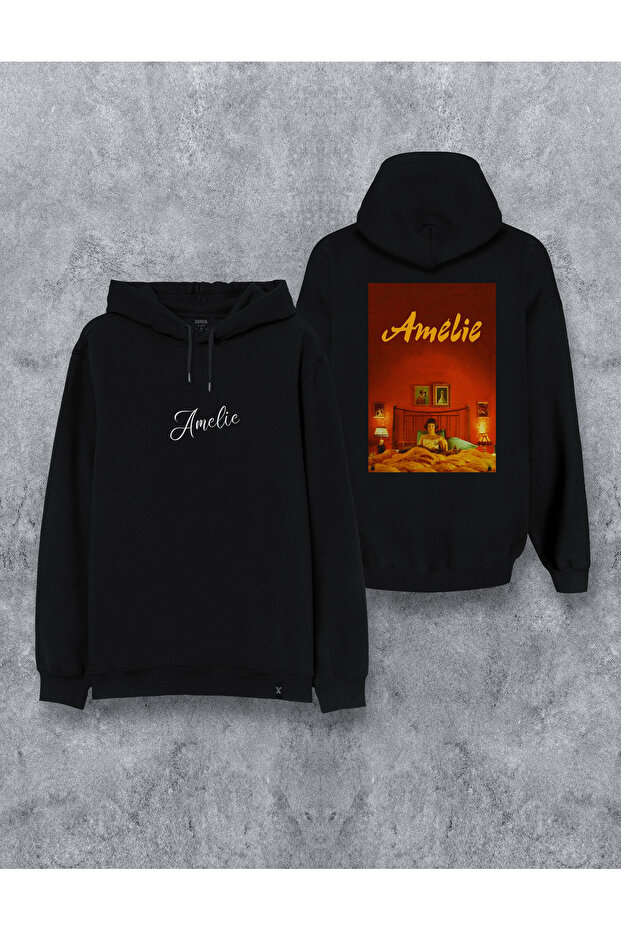 Amélie Printed Black Hooded Hoodie Sweatshirt