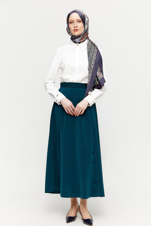 Süs Düğmeli Evaze Etek - 1