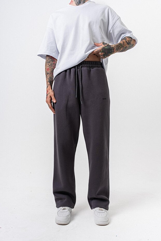 Men's Basic Baggy Sweatpants with Text Detail Smoked