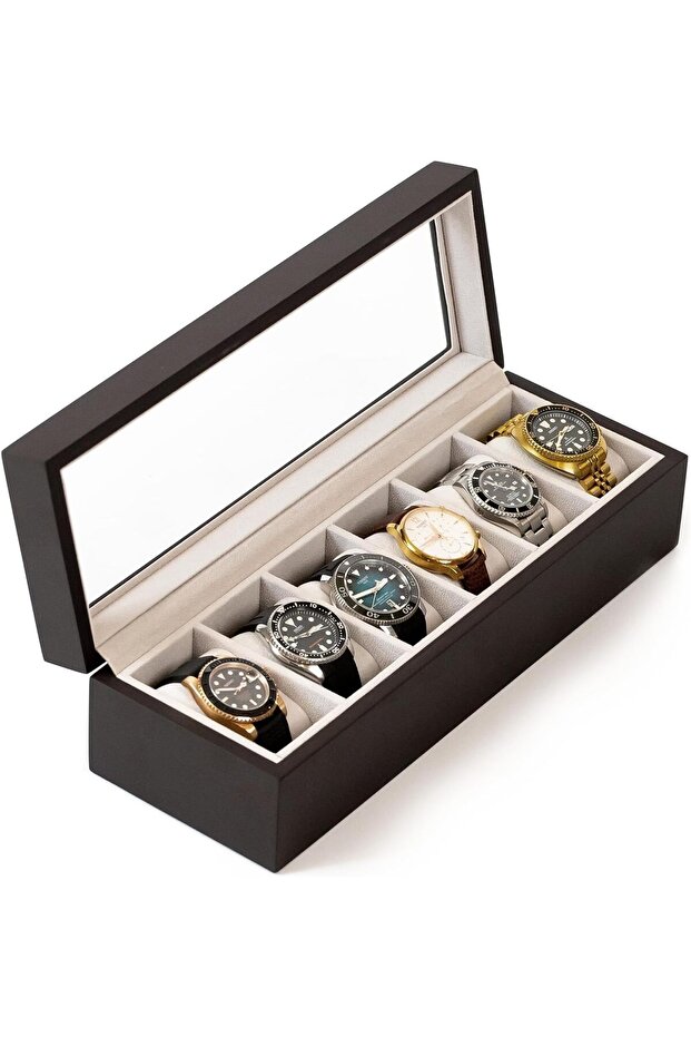 Solid Espresso Wood Watch Box Organizer with Glass Display
