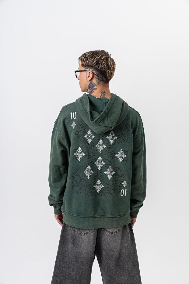 Men's 10 Printed Washable Hooded Oversize Hoodie Green