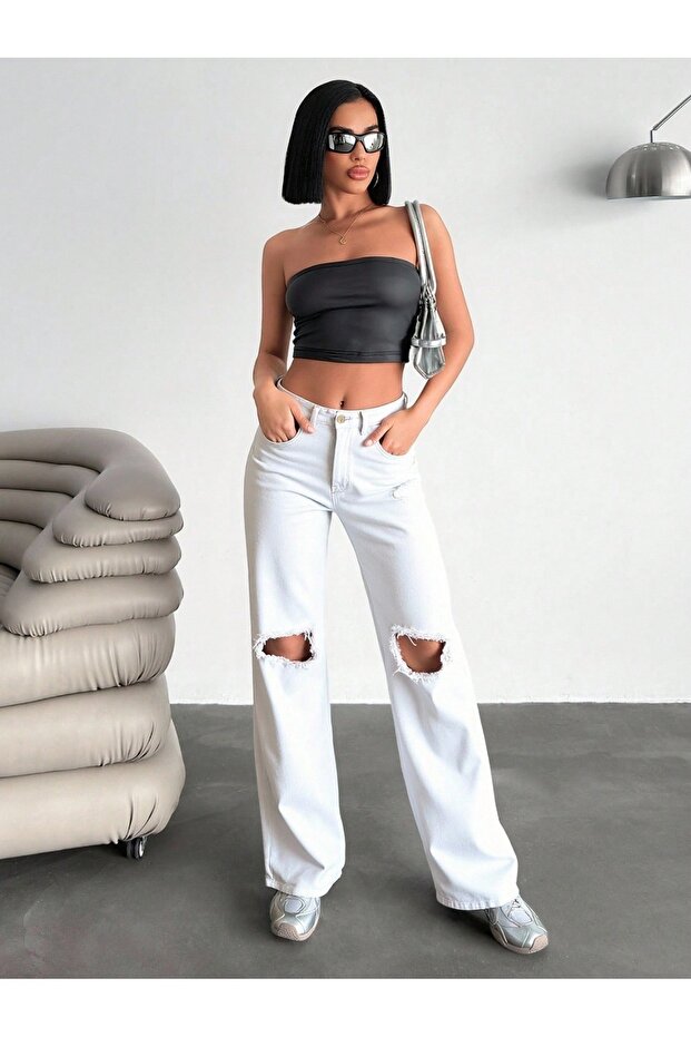 Women's White Knee-Rip Detail Denim Jeans