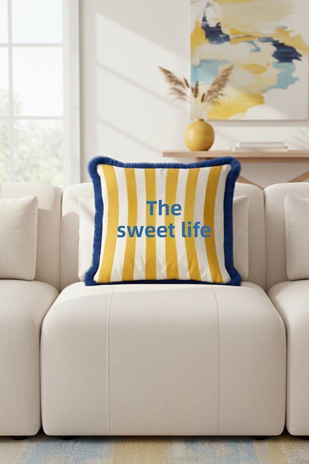 Mediterranean Coastal Luxury Fringed Pillowcase-Striped Blue Yellow Modern Navy Blue Tassel Throw Pillow Cover