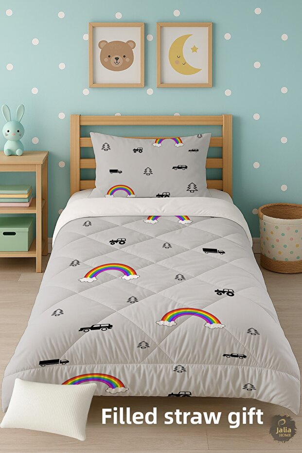 Rainbow and Cars Patterned Single Children's Quilt Sleeping Set Tlag-111