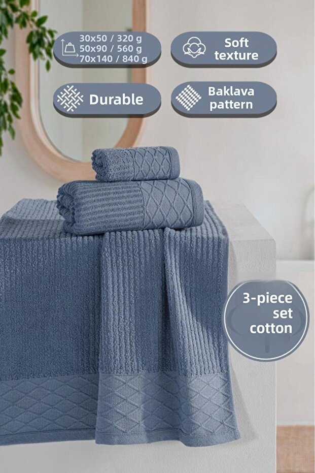 Cumba 100% Cotton 3-Piece Towel Set - 30X50, 50X90, 70X140