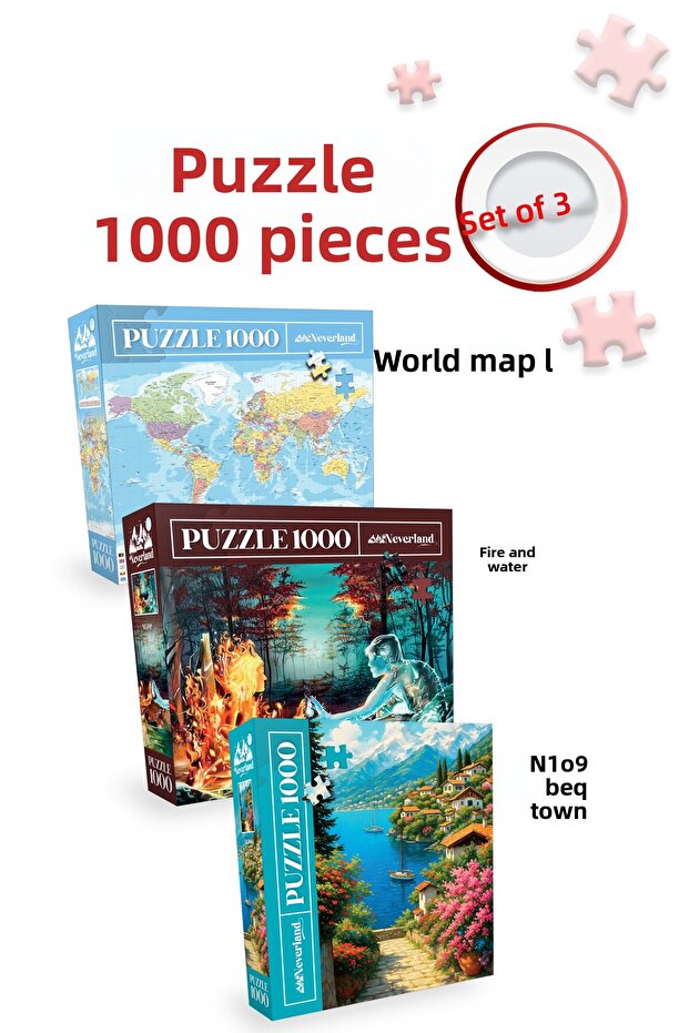 3 Pcs 1000 Piece Puzzle - Mountain Lake Town and World Map-I and Fire and Water