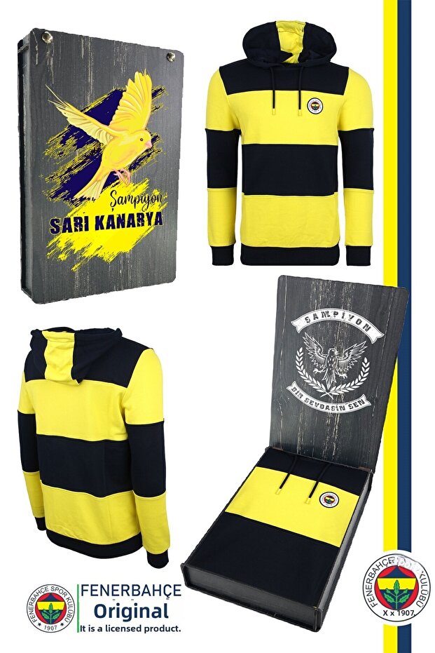 Fenerbahçe Original Licensed Yellow Navy Blue Hooded Sweatshirt with Wooden Box