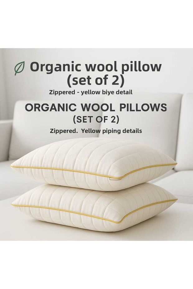 2-Piece Natural Luxury Wool Pillow and Wool Pillowcase with Special Bias Tape Detail | Durable Organic