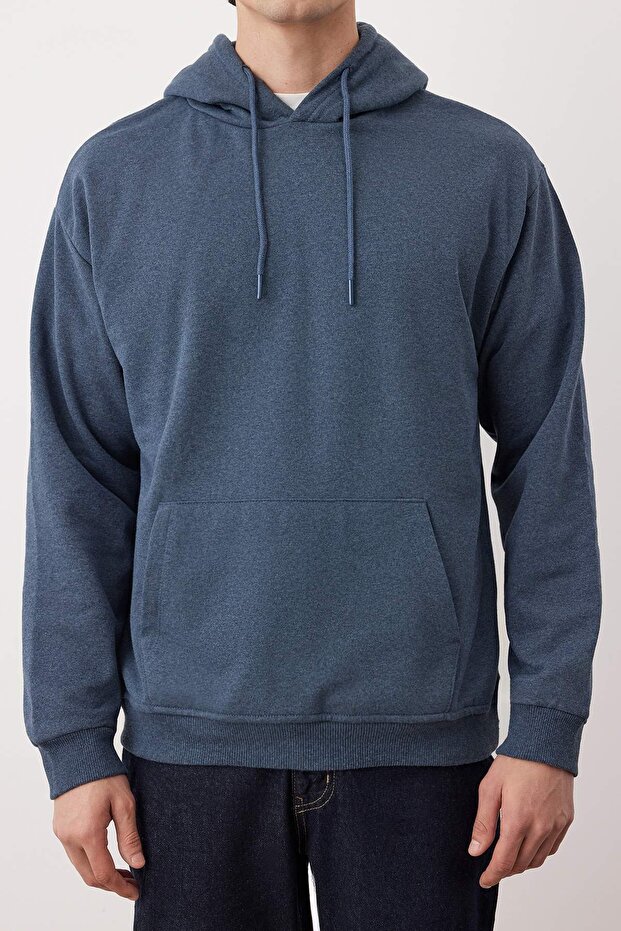 Indigo Oversize/Geniş Kesim Kapüşonlu İçi Polar/Sıcak Tutan Sweatshirt TMNAW23SW00195 - 4
