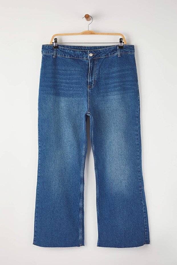 Mavi Yüksek Bel Paçası Kesikli Straight Fit Denim Büyük Beden Jeans TBBAW26CJ00033 - 5