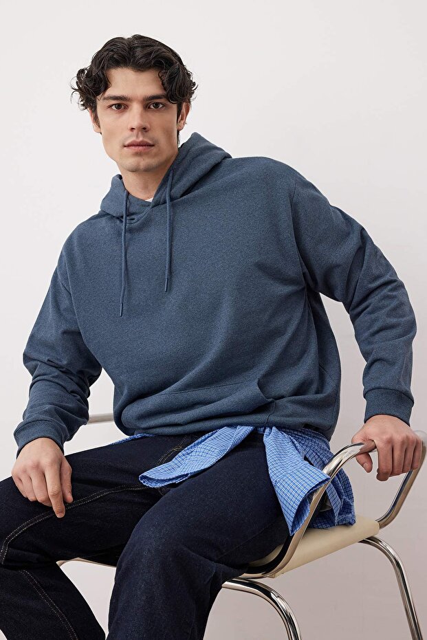 Indigo Oversize/Geniş Kesim Kapüşonlu İçi Polar/Sıcak Tutan Sweatshirt TMNAW23SW00195 - 1