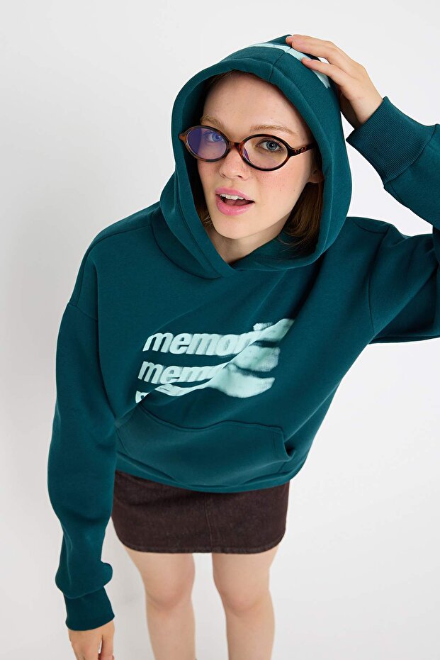 Petrol Teen Oversize/Geniş Kalıp Slogan Baskılı Kalın İçi Polarlı Örme Sweatshirt TWOAW26SW00125 - 1