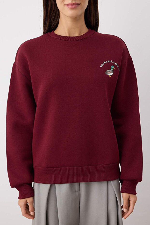 Bordo Animal Nakışlı Regular/Normal Kalıp Kalın İçi Polarlı Örme Sweatshirt TWOAW24SW00196 - 3