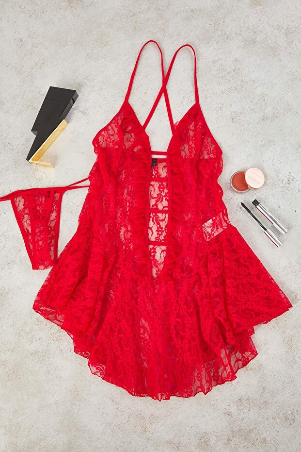 Kırmızı Pencere/Cut Out Detaylı Külotlu Dantelli Kapsız Örme Babydoll/Fantezi Gecelik THMSS25CY00004 - 5