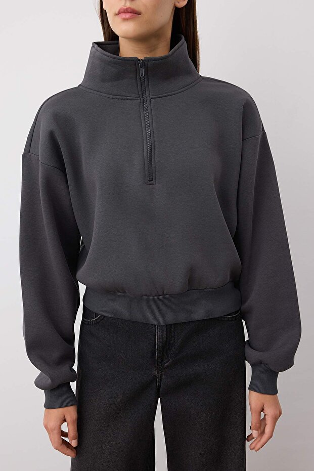 Antrasit Rahat Kesim Crop Fermuarlı Dik Yaka Kalın İçi Polarlı Örme Sweatshirt TWOAW24SW00221 - 3