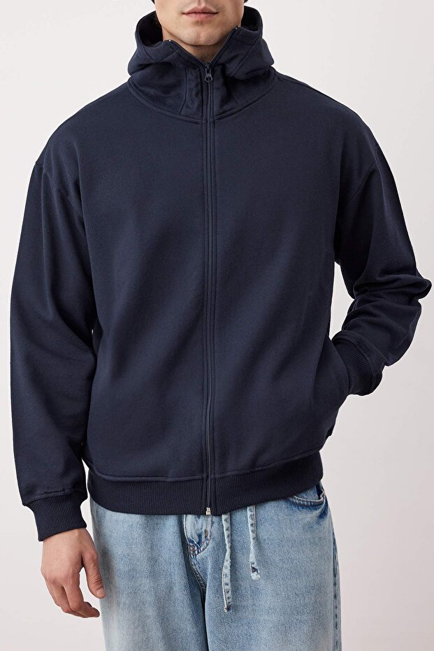 Lacivert Oversize/Geniş Kesim Fermuarlı Sıcak Tutan Kapüşonlu Sweatshirt-Hırka TMNAW24SW00049 - 3