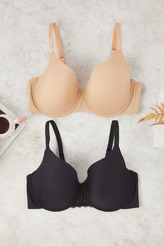 Siyah-Ten 2'li Paket Balenli T-Shirt Bra Büyük Beden Sütyen TBBAW26CW00007 - 2