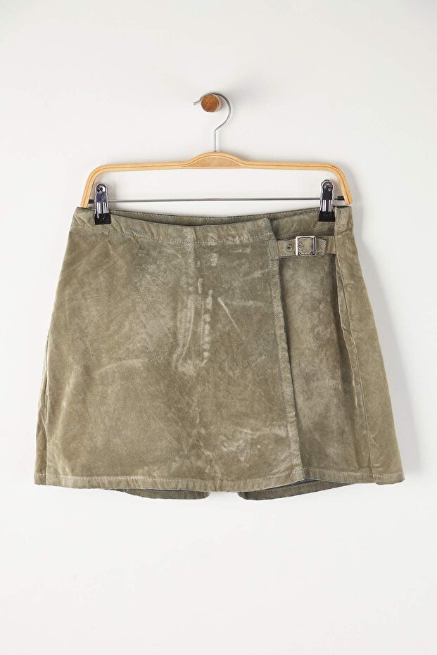 Bej Süet Görünümlü Flok Baskılı Mini Denim Şort Etek TWOAW26SR00040 - 5