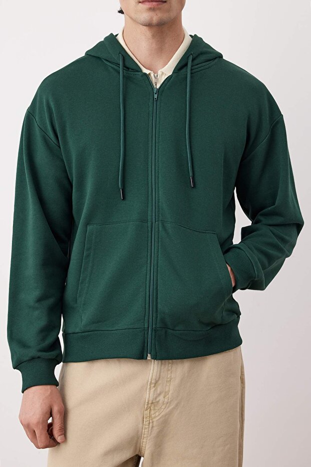 Koyu Yeşil Oversize/Geniş Kesim Fermuarlı Basic Şardonsuz Sweatshirt-Hırka TMNAW22SW0620 - 3