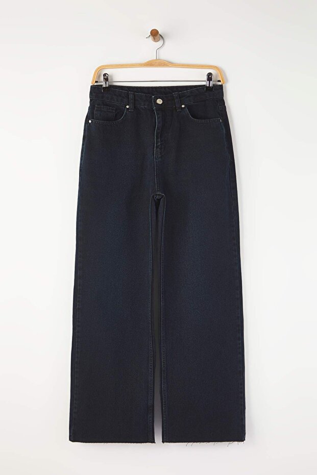 Koyu Mavi Yüksek Bel Paçası Kesikli Geniş Paça Wide Leg Jeans TWOAW26JE00089 - 5