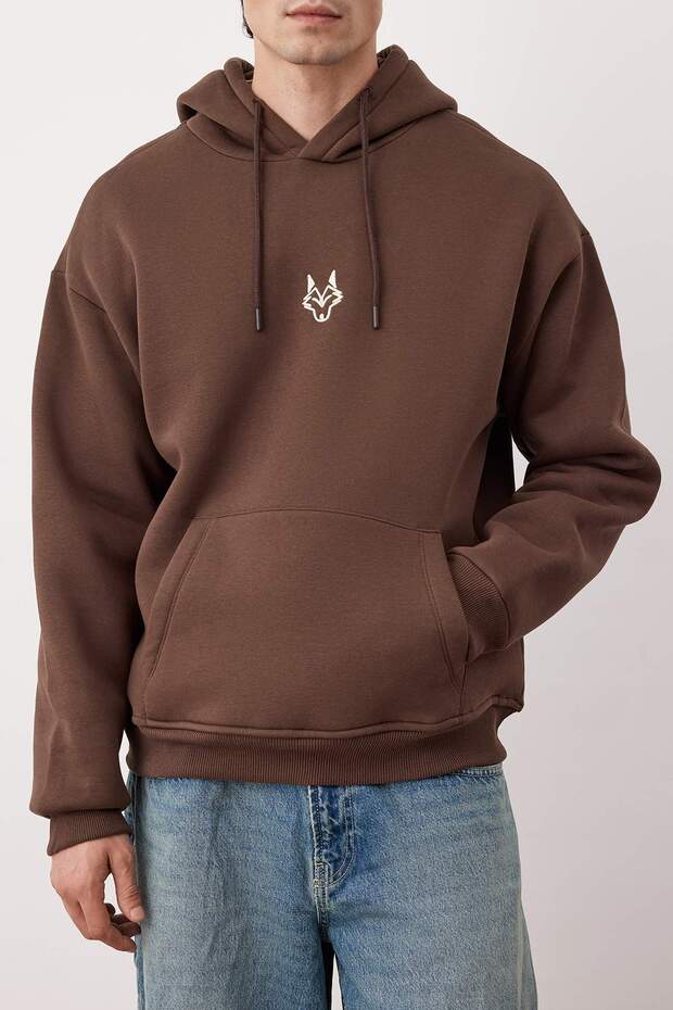 Koyu Kahverengi Oversize/Geniş Kesim Kapüşonlu İçi Polarlı Kaplan Nakışlı Sweatshirt TMNAW24SW00018 - 4