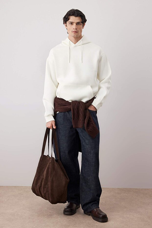 Ekru Basic Oversize/Geniş Kesim Kapüşonlu İçi Polar/Sıcak Tutan Sweatshirt TMNAW21SW2005 - 1