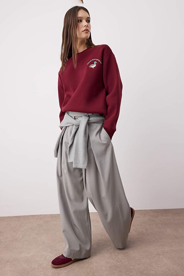Bordo Animal Nakışlı Regular/Normal Kalıp Kalın İçi Polarlı Örme Sweatshirt TWOAW24SW00196 - 1