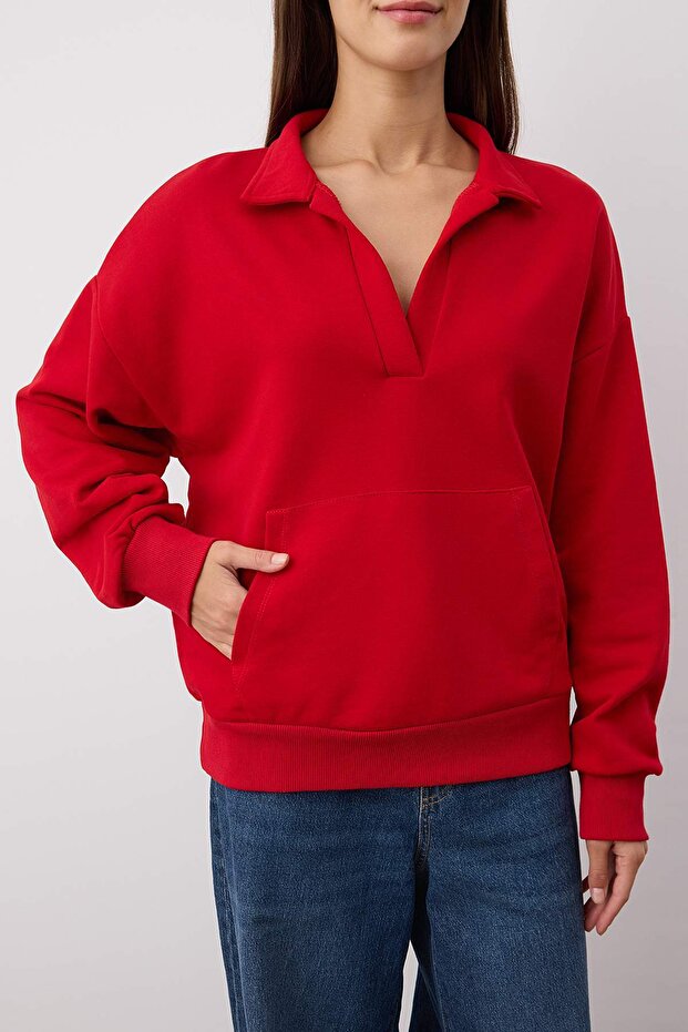 Kırmızı Polo Yaka Kalın Şardonsuz Oversize/Geniş Kesim Örme Sweatshirt TWOAW26SW00112 - 3