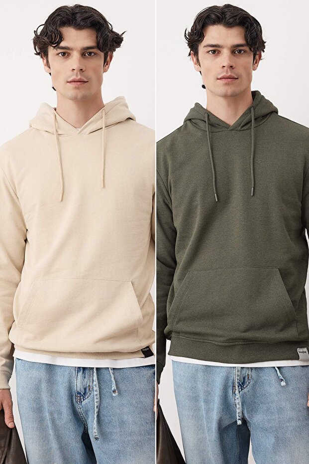 Haki-Taş 2'li Paket Kapüşonlu Regular Kesim İçi Polarlı Sweatshirt TMNAW24SW00000 - 1