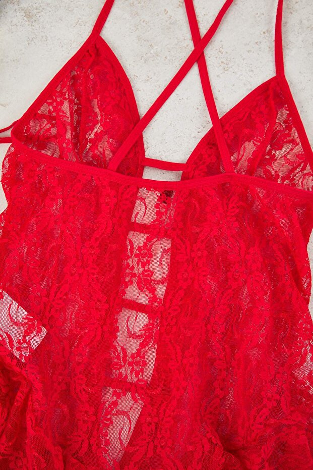 Kırmızı Pencere/Cut Out Detaylı Külotlu Dantelli Kapsız Örme Babydoll/Fantezi Gecelik THMSS25CY00004 - 8