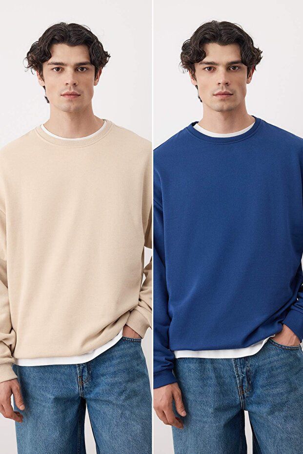 Lacivert-Taş 2'li Paket Oversize/Geniş Kesim İçi Polar/Sıcak Tutan Sweatshirt TMNAW24SW00001 - 1