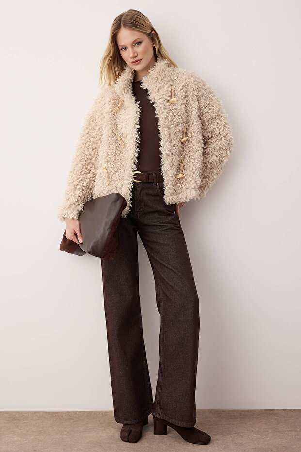 Ecru Regular Fit Shepherd Closure Fur Coat TWOAW26MO00019 - 3