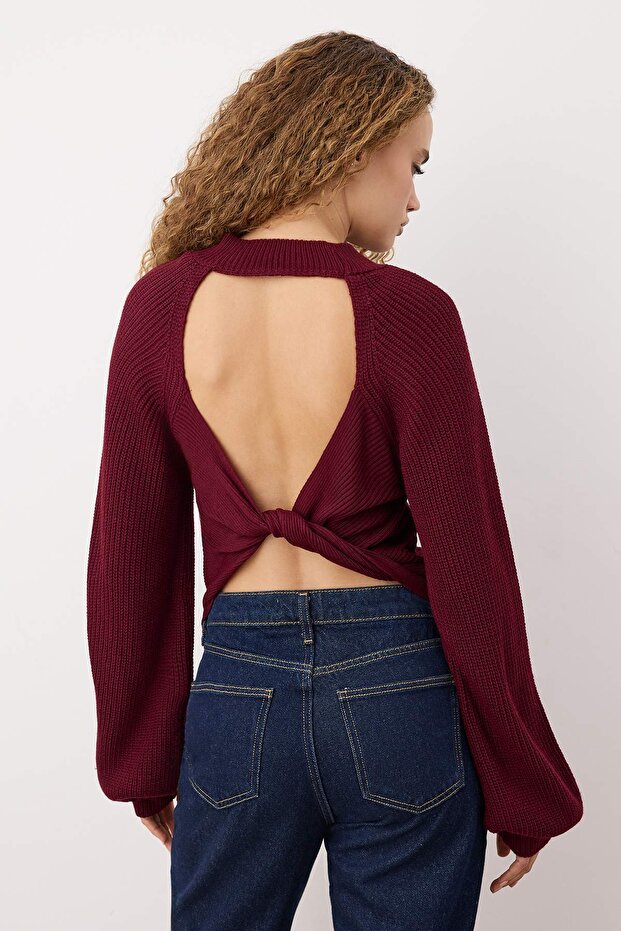 Mürdüm Sırt Cut Out/Pencere Detaylı Triko Kazak TWOAW26KZ00021 - 4