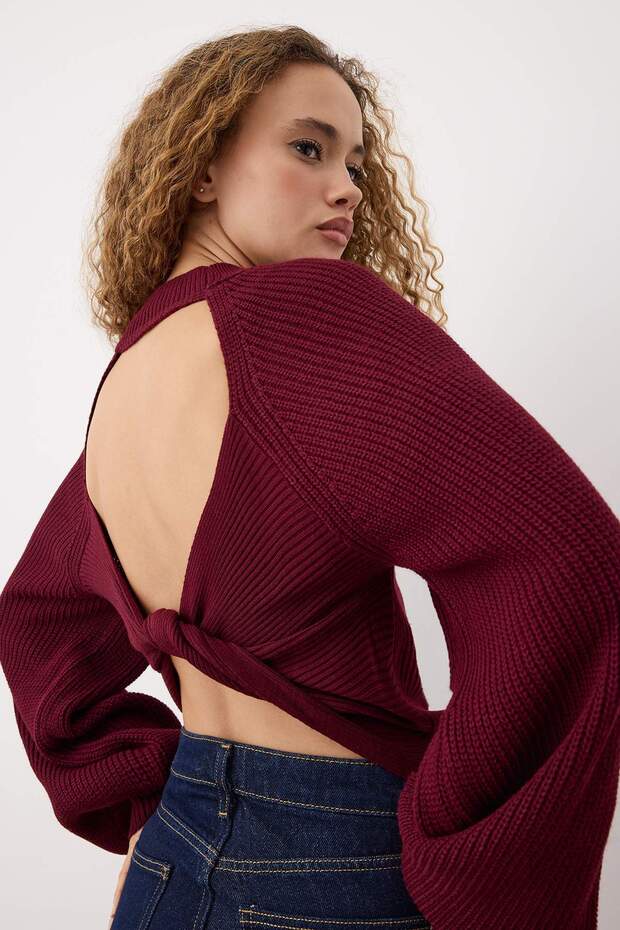 Trendyolmilla  Mürdüm Sırt Cut Out/Pencere Detaylı Triko Kazak TWOAW26KZ00021 - Görsel 3