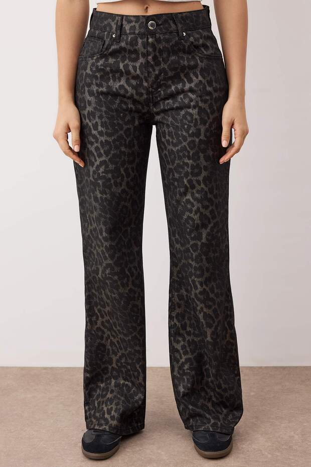 Çok Renkli Leopar Desenli Yüksek Bel Wide Leg Geniş Paça Jeans TWOAW26JE00154 - 3
