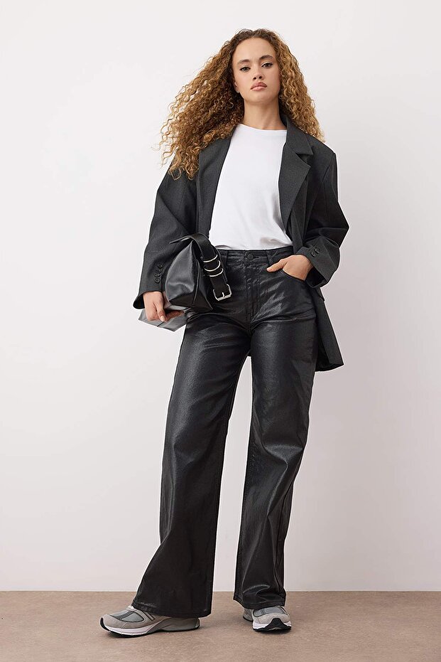 Siyah Kaplama Yüksek Bel Wide Leg Jeans TWOAW26JE00156 - 2