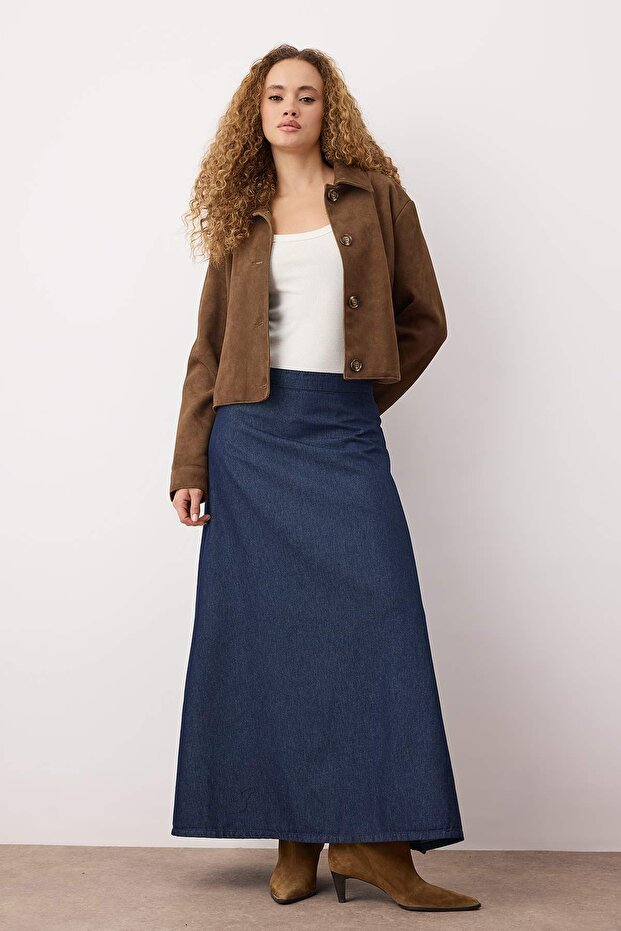 Koyu Mavi Volanlı Maxi Denim Etek TWOSS25ET00005 - 1