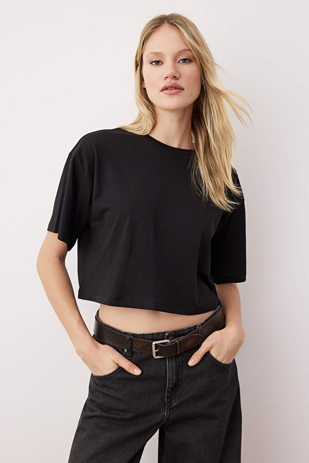 Siyah-Siyah 2'li Paket %100 Pamuk Relax/Rahat Kesim Crop Örme T-Shirt TWOSS24TS00224 - 2