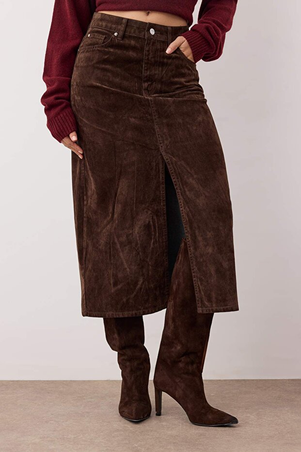 Kahverengi Süet Görünümlü Flok Baskılı Midi Denim Etek TWOAW26ET00096 - 3