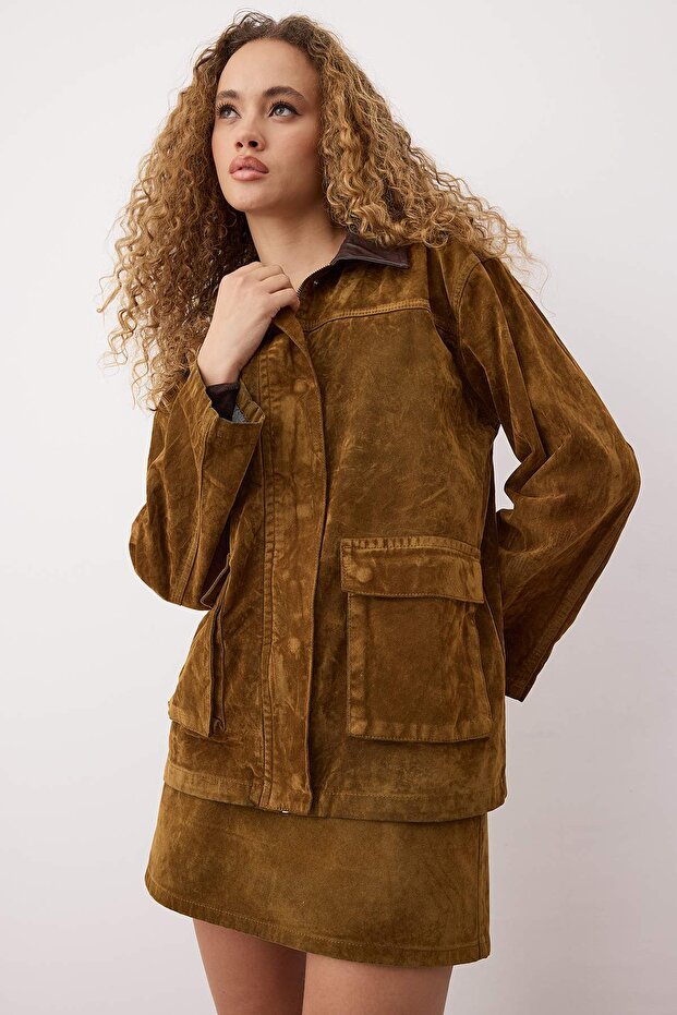 Camel Yakası Deri Detaylı Süet Görünümlü Oversize Denim Ceket TWOAW26CE00051 - 3