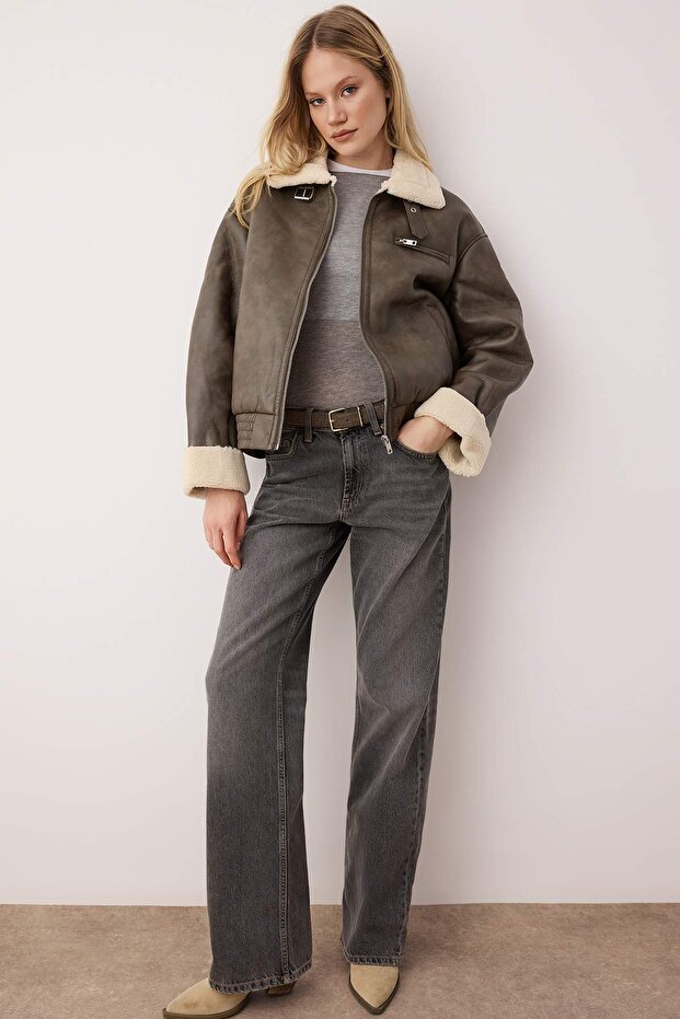 Füme Oversize Kalıp Peluş Detaylı Suni Deri Bomber Ceket Mont TWOAW26MO00010 - 2