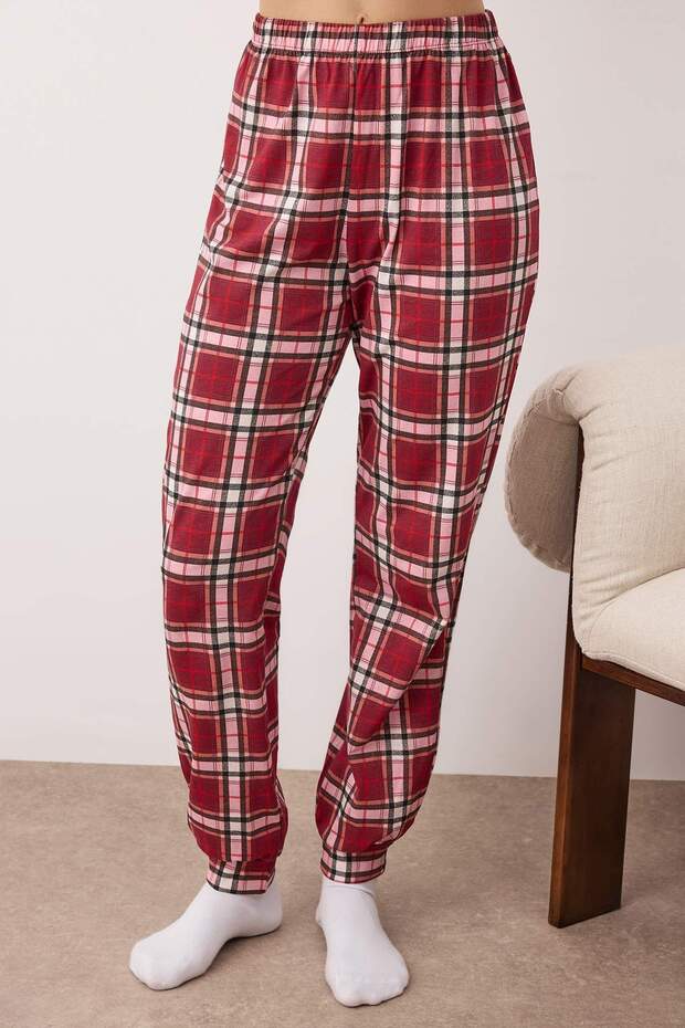 Kadın Couple/Çift Bordo %100 Pamuklu Yılbaşı Temalı Ekoseli Örme Pijama Takımı THMAW26PT00170 - 5
