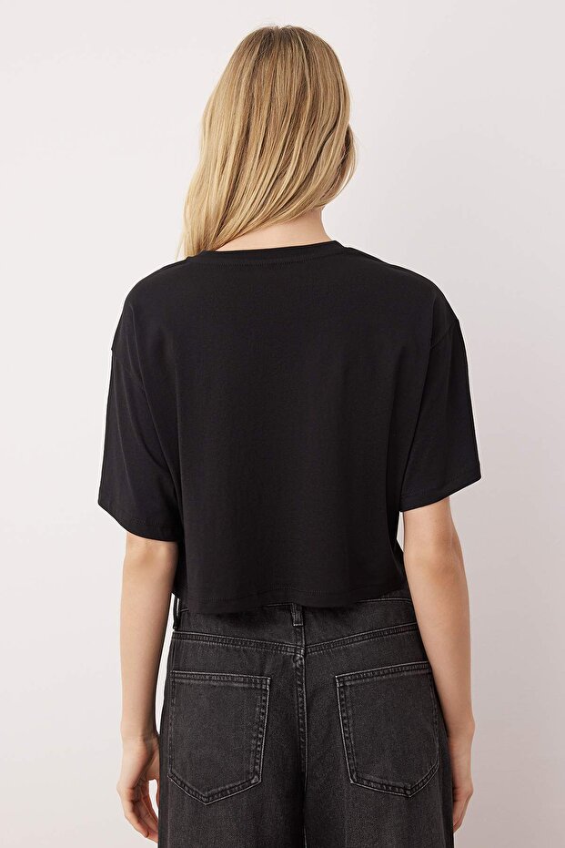 Siyah-Siyah 2'li Paket %100 Pamuk Relax/Rahat Kesim Crop Örme T-Shirt TWOSS24TS00224 - 5
